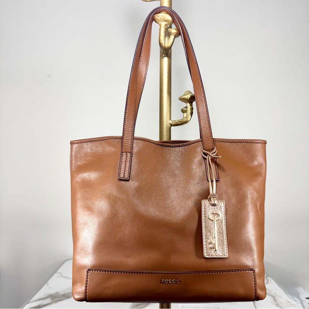 Fossil Reversible Slouchy Brown Tan Leather Metallic Rose Gold Handbag Tote Bag - Picture 2 of 16